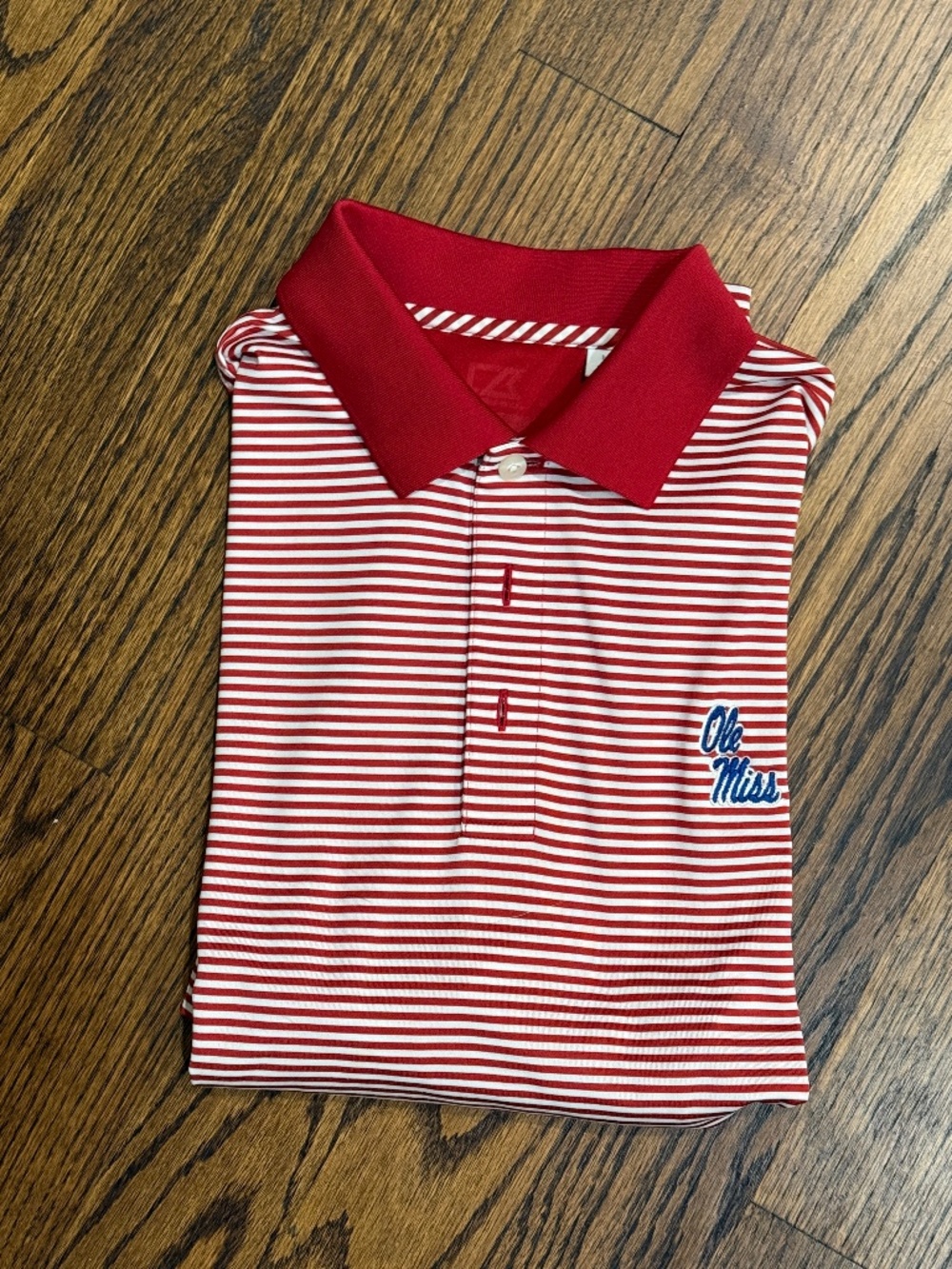 Ole Miss Red and White Stripe Men Short Sleeve Polo Shirt.